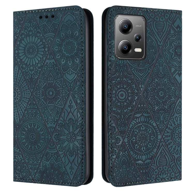 For Redmi Note 12 5G Global Ethnic Embossed Adsorption Leather Phone Case(Blue)