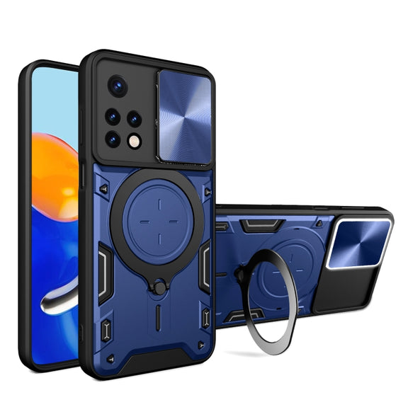 For Xiaomi Redmi Note 11 Global CD Texture Sliding Camshield Magnetic Holder Phone Case(Blue)