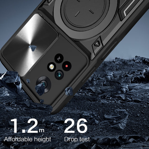 For Xiaomi Poco M4 Pro 4G CD Texture Sliding Camshield Magnetic Holder Phone Case(Silver)