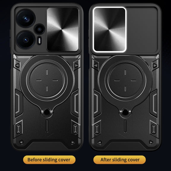 For Xiaomi Redmi Note 12 Turbo CD Texture Sliding Camshield Magnetic Holder Phone Case(Black)