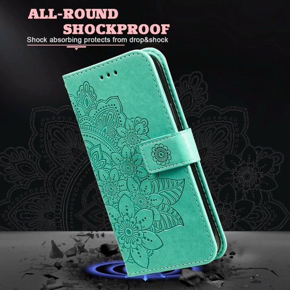 For Xiaomi 14 7-petal Flowers Embossing Leather Phone Case(Green)