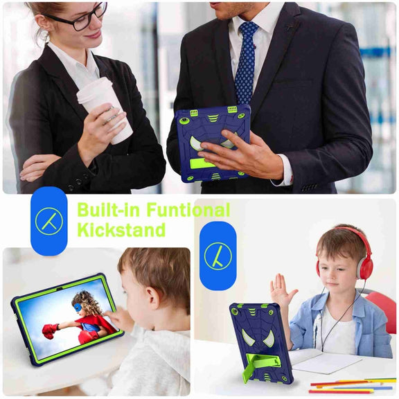 For Lenovo Tab M10 Plus 10.6 3rd Gen 2022 Spider Texture Silicone Hybrid PC Tablet Case with Shoulder Strap(Navy Blue + Yellow Green)