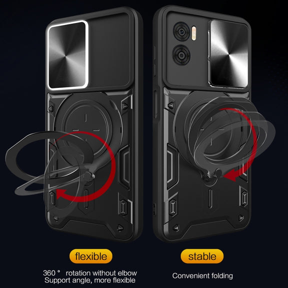 For Motorola Moto E22 / E22i CD Texture Sliding Camshield Magnetic Holder Phone Case(Black)