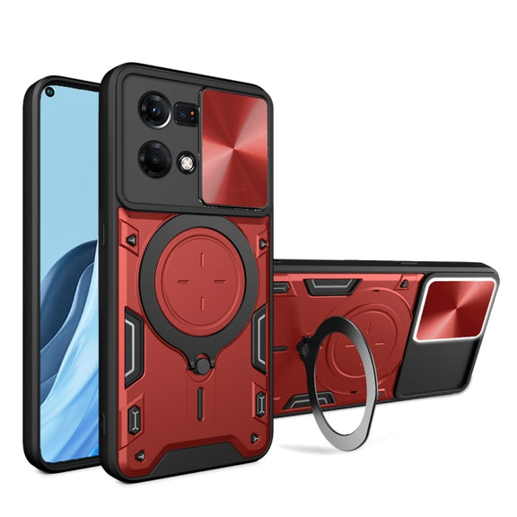 For OPPO Reno7 4G / F21 Pro 4G CD Texture Sliding Camshield Magnetic Holder Phone Case(Red)