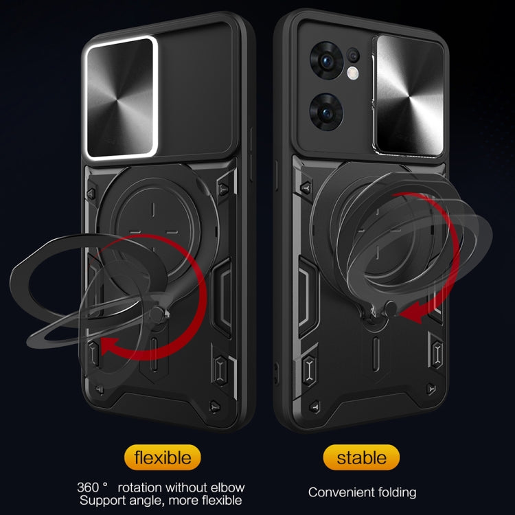 For OPPO Reno7 5G CD Texture Sliding Camshield Magnetic Holder Phone Case(Silver)