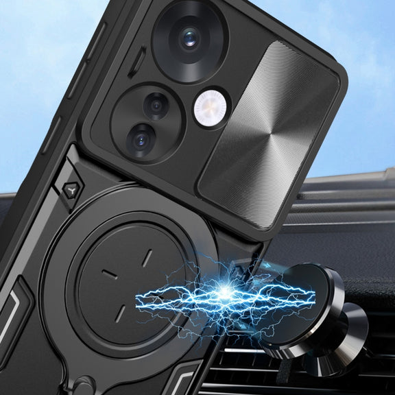For OPPO Reno11 F 5G Global CD Texture Sliding Camshield Magnetic Holder Phone Case(Black)