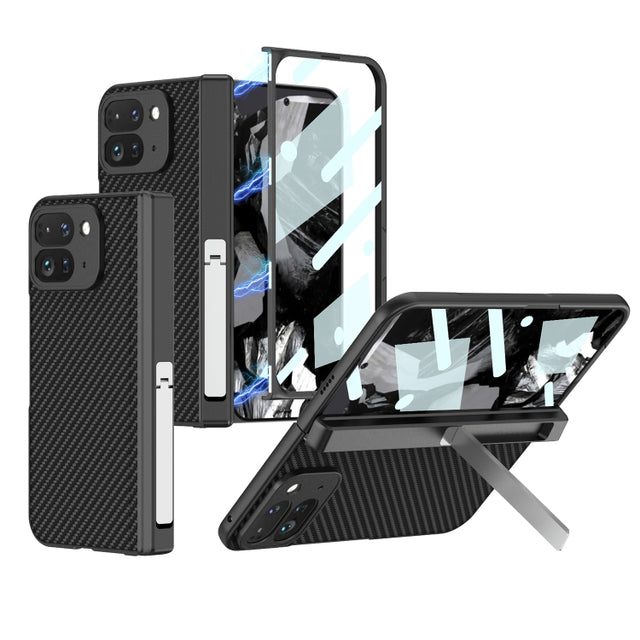 For Google Pixel 9 Pro Fold GKK Integrated Fold Hinge Leather Phone Case with Holder(Carbon Fibre Black)