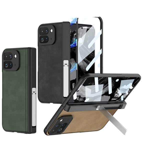 For Google Pixel 9 Pro Fold GKK Integrated Frosted Fold Hinge Leather Phone Case with Holder(Black)