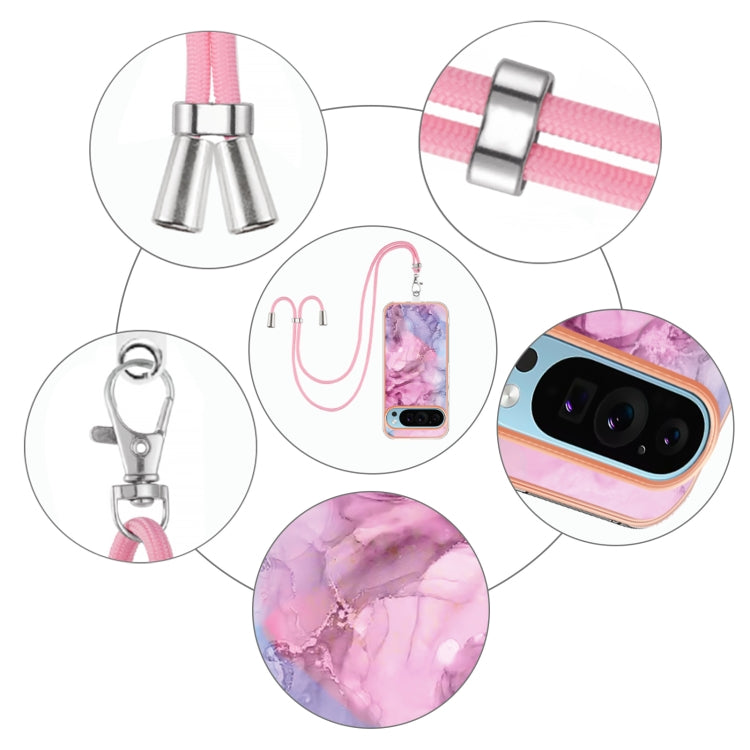 For Google Pixel 9 / 9 Pro Electroplating Marble Dual-side IMD Phone Case with Lanyard(Pink 013)