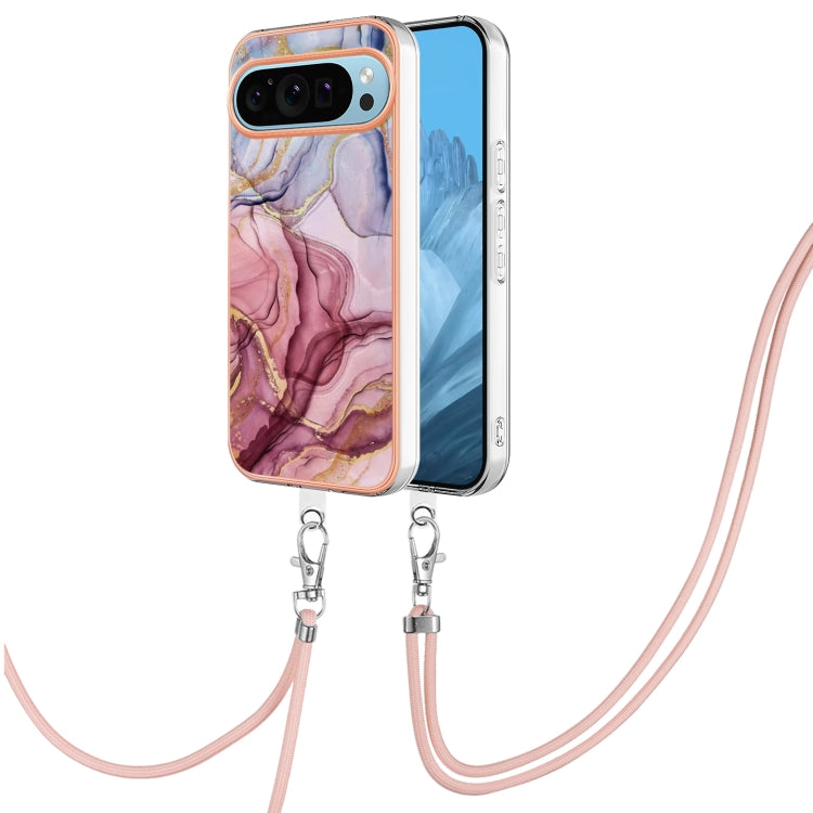 For Google Pixel 9 Pro XL Electroplating Marble Dual-side IMD Phone Case with Lanyard(Rose Red 014)