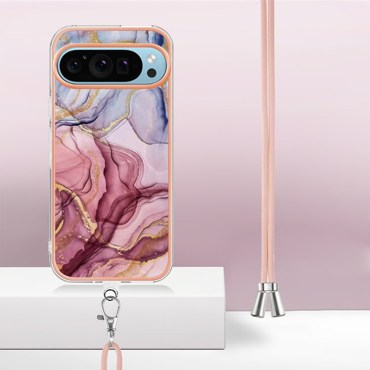 For Google Pixel 9 Pro XL Electroplating Marble Dual-side IMD Phone Case with Lanyard(Rose Red 014)