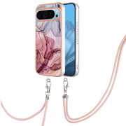 For Google Pixel 9 Pro XL Electroplating Marble Dual-side IMD Phone Case with Lanyard(Rose Red 014)