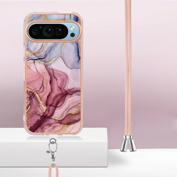 For Google Pixel 9 Pro XL Electroplating Marble Dual-side IMD Phone Case with Lanyard(Rose Red 014)