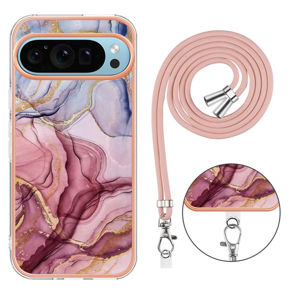 For Google Pixel 9 Pro XL Electroplating Marble Dual-side IMD Phone Case with Lanyard(Rose Red 014)
