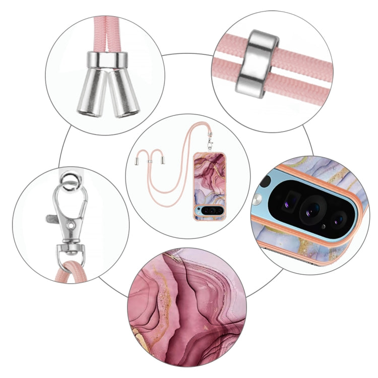 For Google Pixel 9 Pro XL Electroplating Marble Dual-side IMD Phone Case with Lanyard(Rose Red 014)