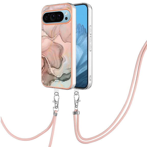 For Google Pixel 9 Pro XL Electroplating Marble Dual-side IMD Phone Case with Lanyard(Rose Gold 015)