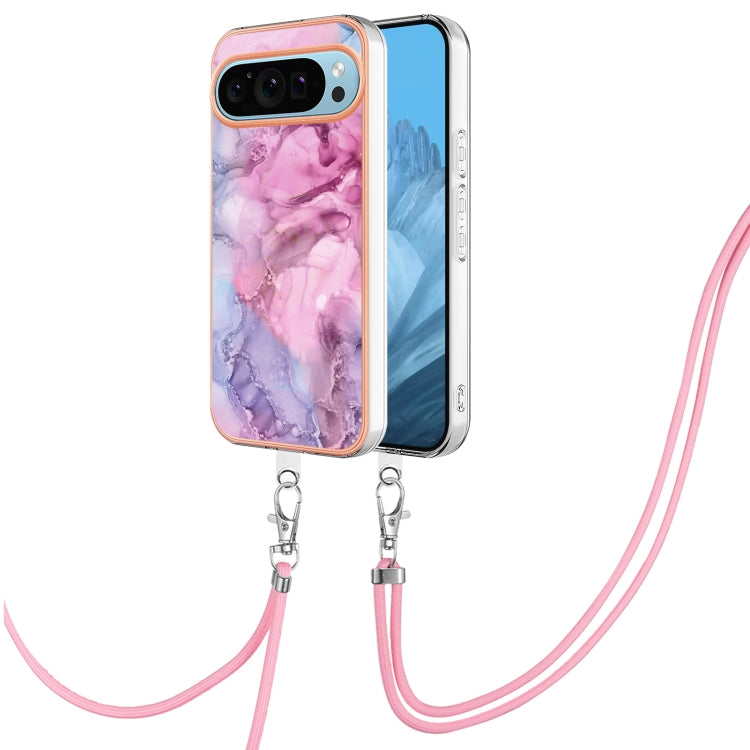 For Google Pixel 9 Pro XL Electroplating Marble Dual-side IMD Phone Case with Lanyard(Pink 013)
