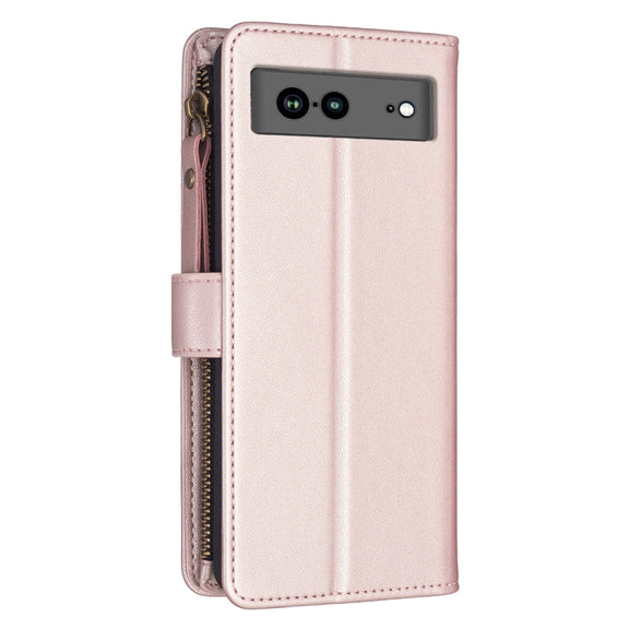 For Google Pixel 7a 9 Card Slots Zipper Wallet Leather Flip Phone Case(Rose Gold)