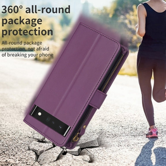For Google Pixel 7 Pro 9 Card Slots Zipper Wallet Leather Flip Phone Case(Dark Purple)