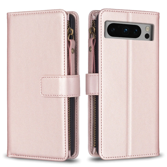 For Google Pixel 8 Pro 9 Card Slots Zipper Wallet Leather Flip Phone Case(Rose Gold)