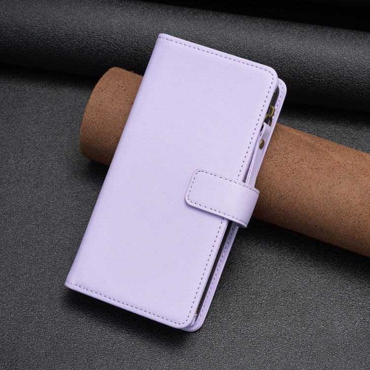 For iPhone 16 Pro 9 Card Slots Zipper Wallet Leather Flip Phone Case(Light Purple)