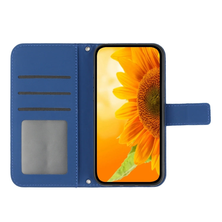 For iPhone SE 2024 Skin Feel Sun Flower Embossed Flip Leather Phone Case with Lanyard(Dark Blue)