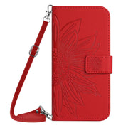 For iPhone 16 Pro Max Skin Feel Sun Flower Embossed Flip Leather Phone Case with Lanyard(Red)