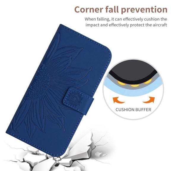 For iPhone 16 Skin Feel Sun Flower Embossed Flip Leather Phone Case with Lanyard(Dark Blue)