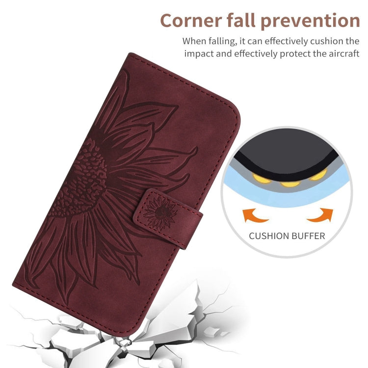 For iPhone 16 Skin Feel Sun Flower Embossed Flip Leather Phone Case with Lanyard(Wine Red)