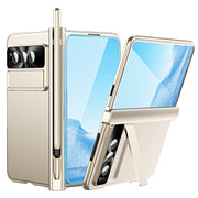 For Google Pixel Fold Integrated Electroplating Pen Slot Double Hinge Folding Phone Case with Stylus(Gold)