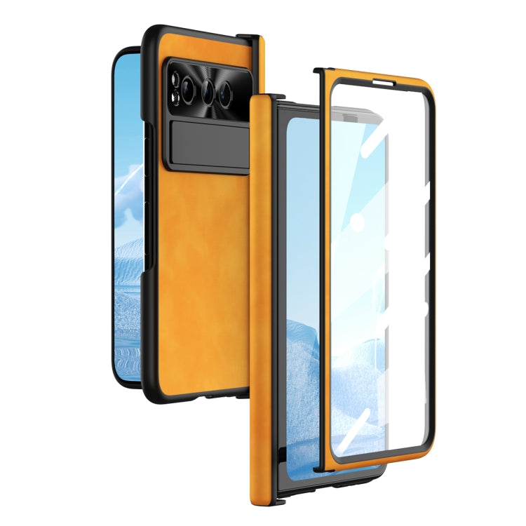For Google Pixel Fold Integrated Napa Texture All-inclusive Phone Case with Hinge(Yellow)