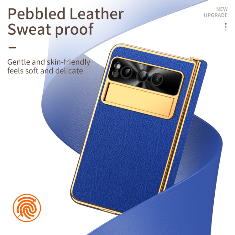 For Google Pixel Fold Litchi Pattern Electroplating Folding Phone Case with Hinge(Royal Blue)