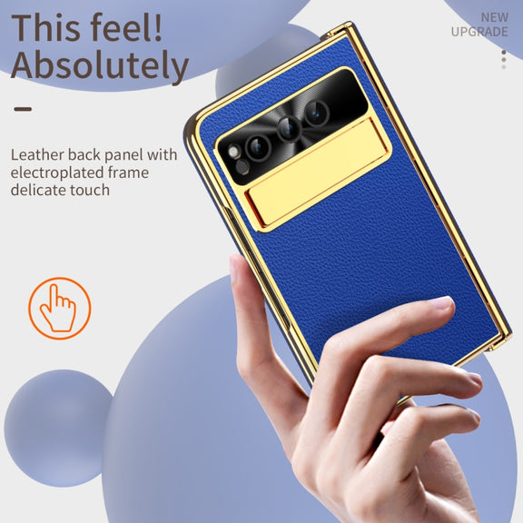 For Google Pixel Fold Litchi Pattern Electroplating Folding Phone Case with Hinge(Royal Blue)