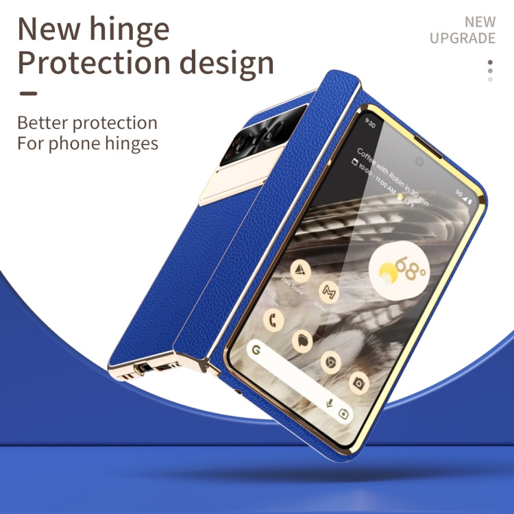 For Google Pixel Fold Litchi Pattern Electroplating Folding Phone Case with Hinge(Royal Blue)