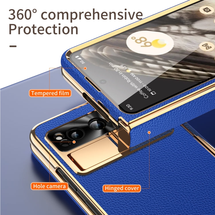 For Google Pixel Fold Litchi Pattern Electroplating Folding Phone Case with Hinge(Royal Blue)
