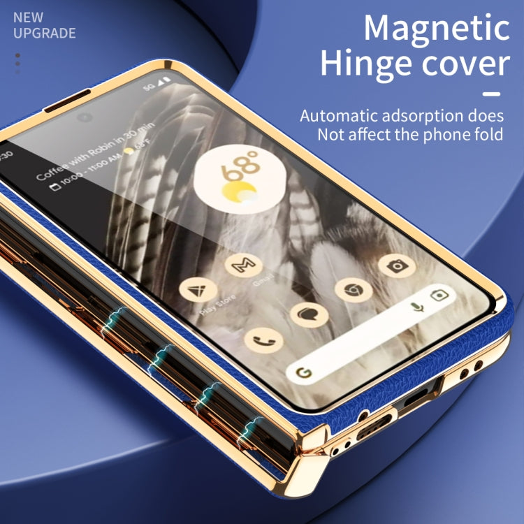 For Google Pixel Fold Litchi Pattern Electroplating Folding Phone Case with Hinge(Royal Blue)