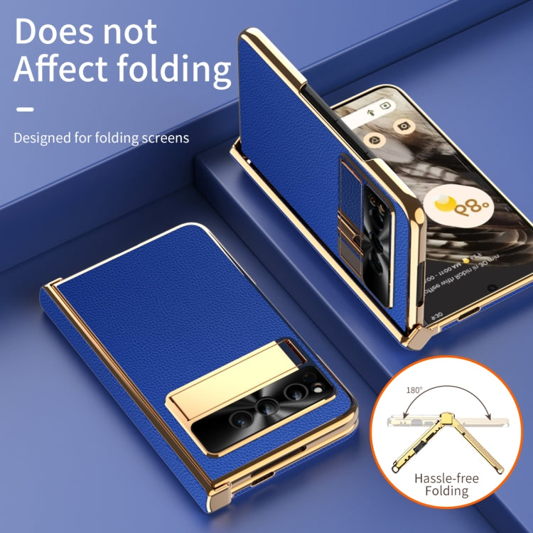 For Google Pixel Fold Litchi Pattern Electroplating Folding Phone Case with Hinge(Royal Blue)