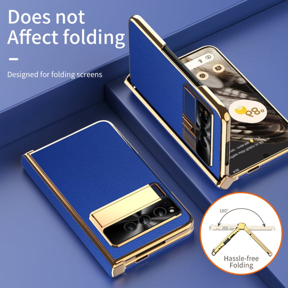 For Google Pixel Fold Litchi Pattern Electroplating Folding Phone Case with Hinge(Royal Blue)