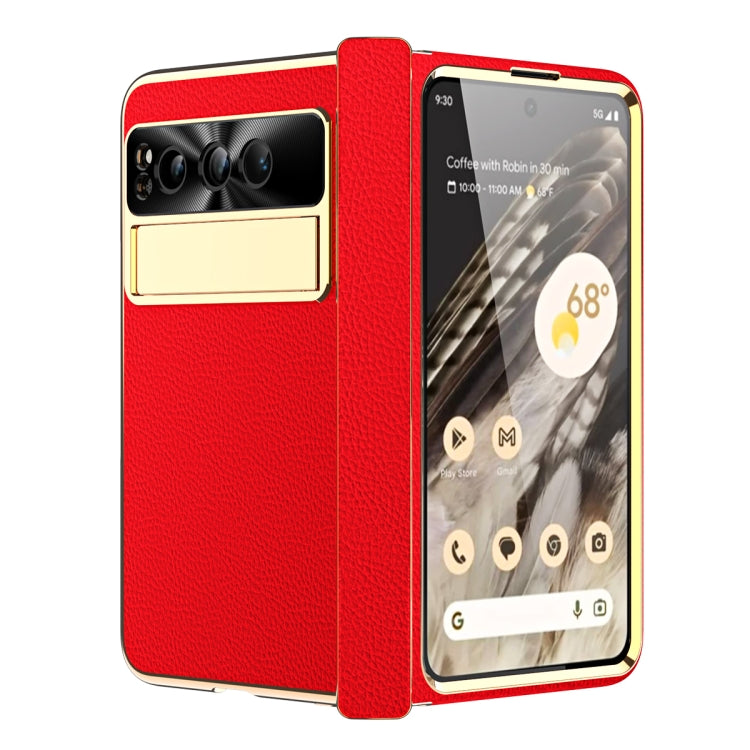 For Google Pixel Fold Litchi Pattern Electroplating Folding Phone Case with Hinge(Red)