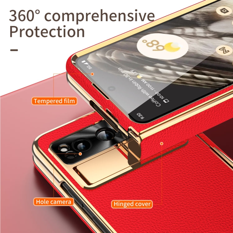 For Google Pixel Fold Litchi Pattern Electroplating Folding Phone Case with Hinge(Red)