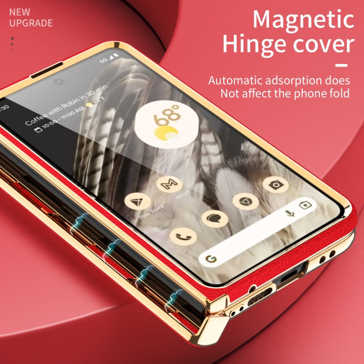 For Google Pixel Fold Litchi Pattern Electroplating Folding Phone Case with Hinge(Red)