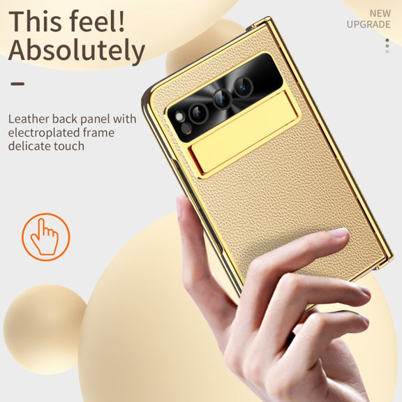 For Google Pixel Fold Litchi Pattern Electroplating Folding Phone Case with Hinge(Gold)