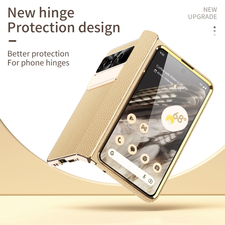 For Google Pixel Fold Litchi Pattern Electroplating Folding Phone Case with Hinge(Gold)