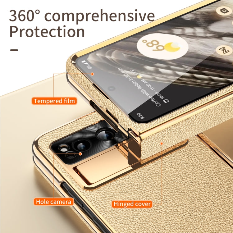 For Google Pixel Fold Litchi Pattern Electroplating Folding Phone Case with Hinge(Gold)