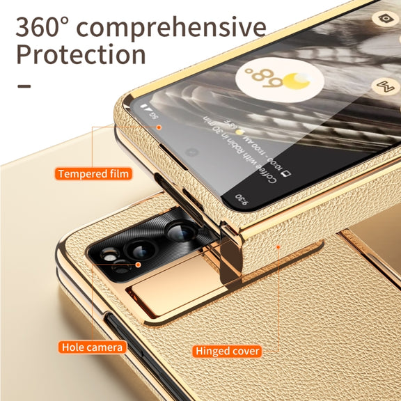 For Google Pixel Fold Litchi Pattern Electroplating Folding Phone Case with Hinge(Gold)