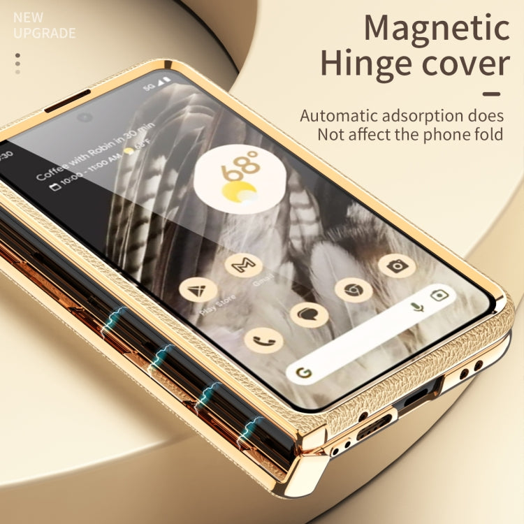 For Google Pixel Fold Litchi Pattern Electroplating Folding Phone Case with Hinge(Gold)