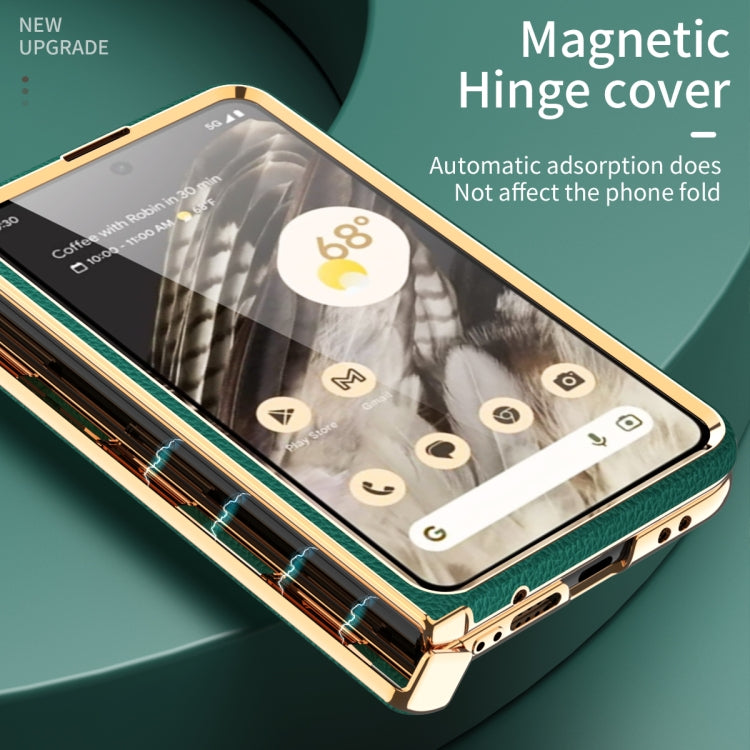 For Google Pixel Fold Litchi Pattern Electroplating Folding Phone Case with Hinge(Green)