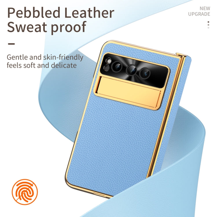 For Google Pixel Fold Litchi Pattern Electroplating Folding Phone Case with Hinge(Blue)