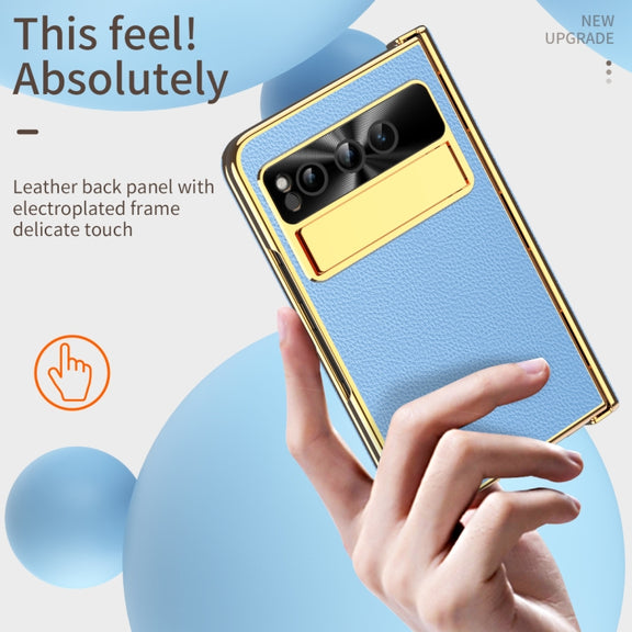 For Google Pixel Fold Litchi Pattern Electroplating Folding Phone Case with Hinge(Blue)