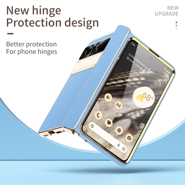 For Google Pixel Fold Litchi Pattern Electroplating Folding Phone Case with Hinge(Blue)